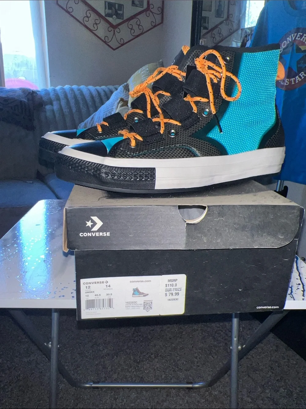 Converse Kids Black and Teal High-Tops with Orange Laces - Picture 6 of 8